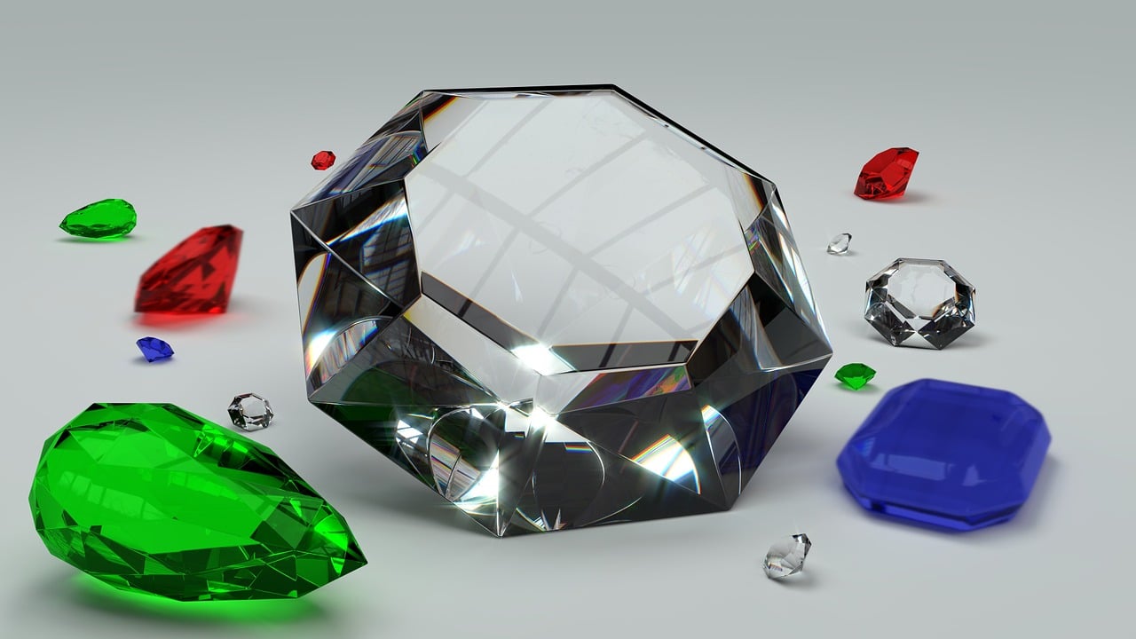 a group of different colored diamonds on a white surface, a 3D render, trending on cg society, ray tracing x, wallpaper mobile, emerald jewelry, scattered glass shards