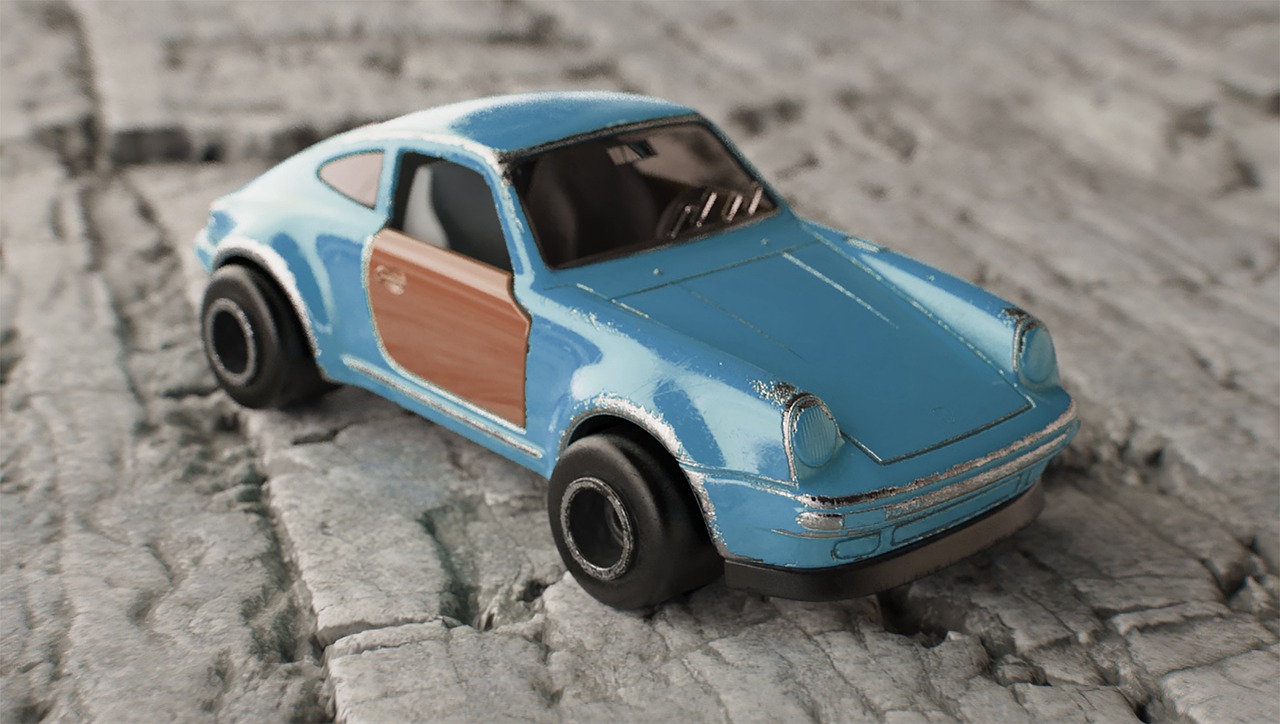 a toy car sitting on top of a cobblestone floor, inspired by Bernardo Cavallino, polycount contest winner, 1974 porsche 911, cinematic closeup, weathered ultra detailed, hyperdetailed!