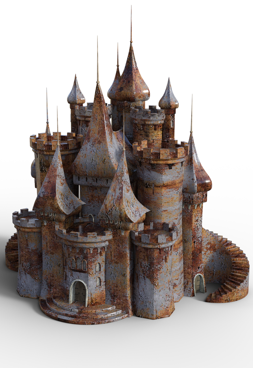 a castle with a spiral staircase going up to it, polycount contest winner, renaissance, highly detailed hyper real retro, rusty metal towers, very very very highly detailed, ugly highly detailed