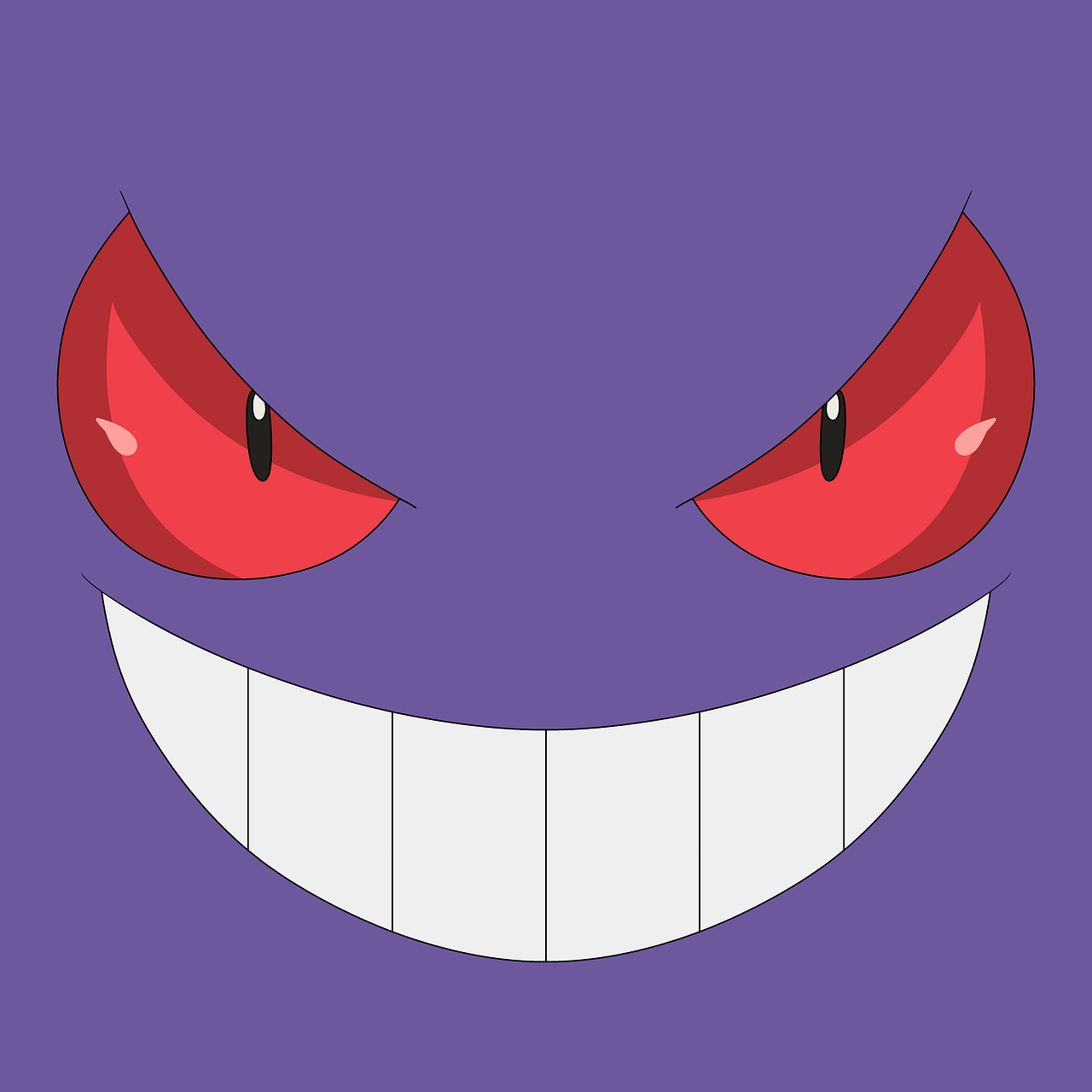 a close up of an evil face on a purple background, vector art, style of pokemon, red eyed, wide smile, pokemon anime style
