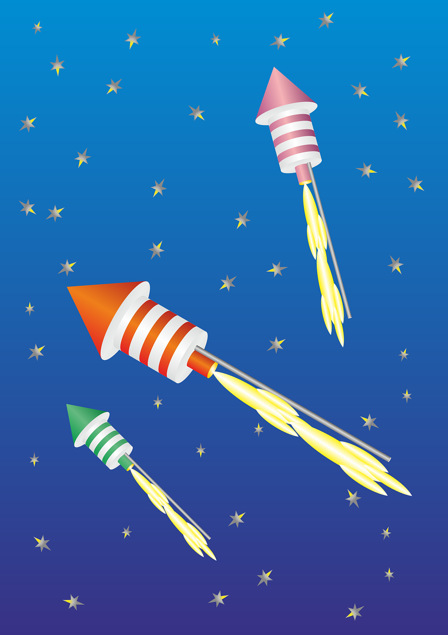 a group of rockets flying through the night sky, an illustration of, by Pamela Drew, shutterstock, naive art, 3 d vector, tricolor background, confetti, high detail illustration