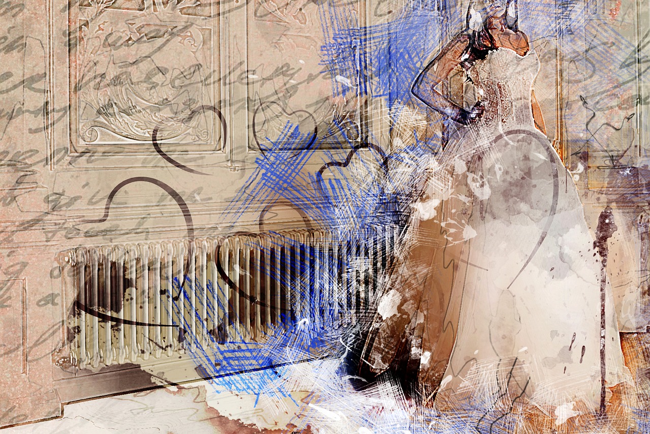 a painting of a woman standing in front of a radiator, digital art, trending on pixabay, lyrical abstraction, calligraphic poetry, hd 3d mixed media collage, dominant wihte and blue colours, on canvas