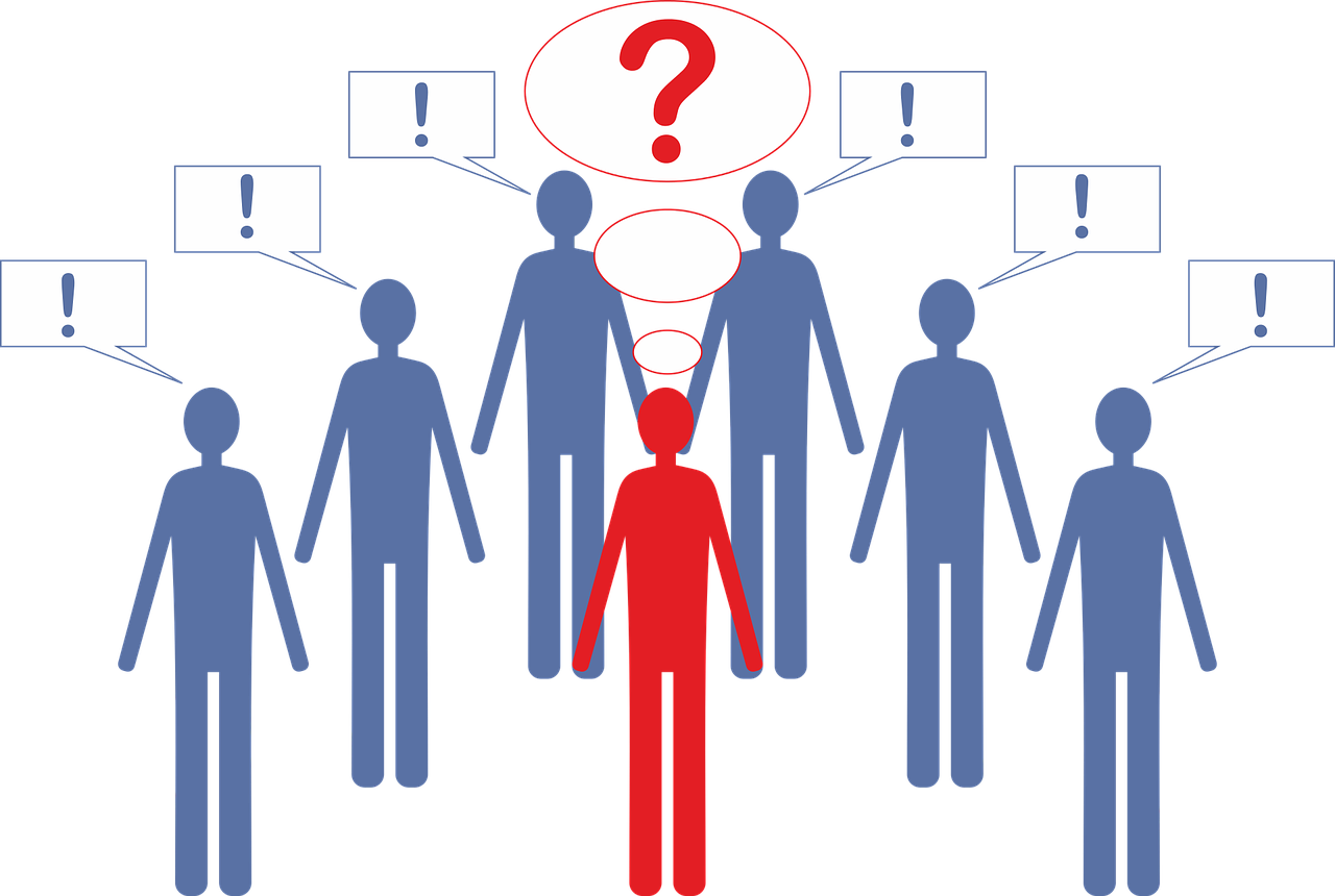 a person standing in front of a group of people, a cartoon, by Allen Jones, pixabay, digital art, confused, one is red, facebook post, missing panels