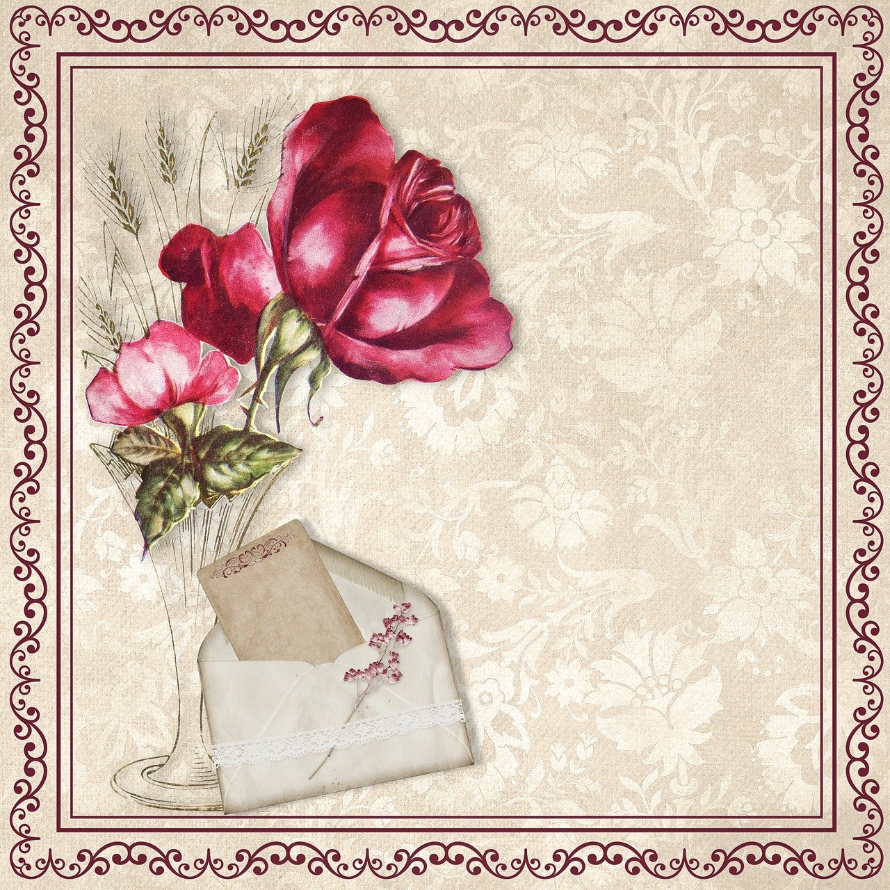 a close up of a vase with flowers in it, by Cindy Wright, trending on pixabay, romanticism, vintage postcard illustration, handcrafted paper background, red rose, card frame