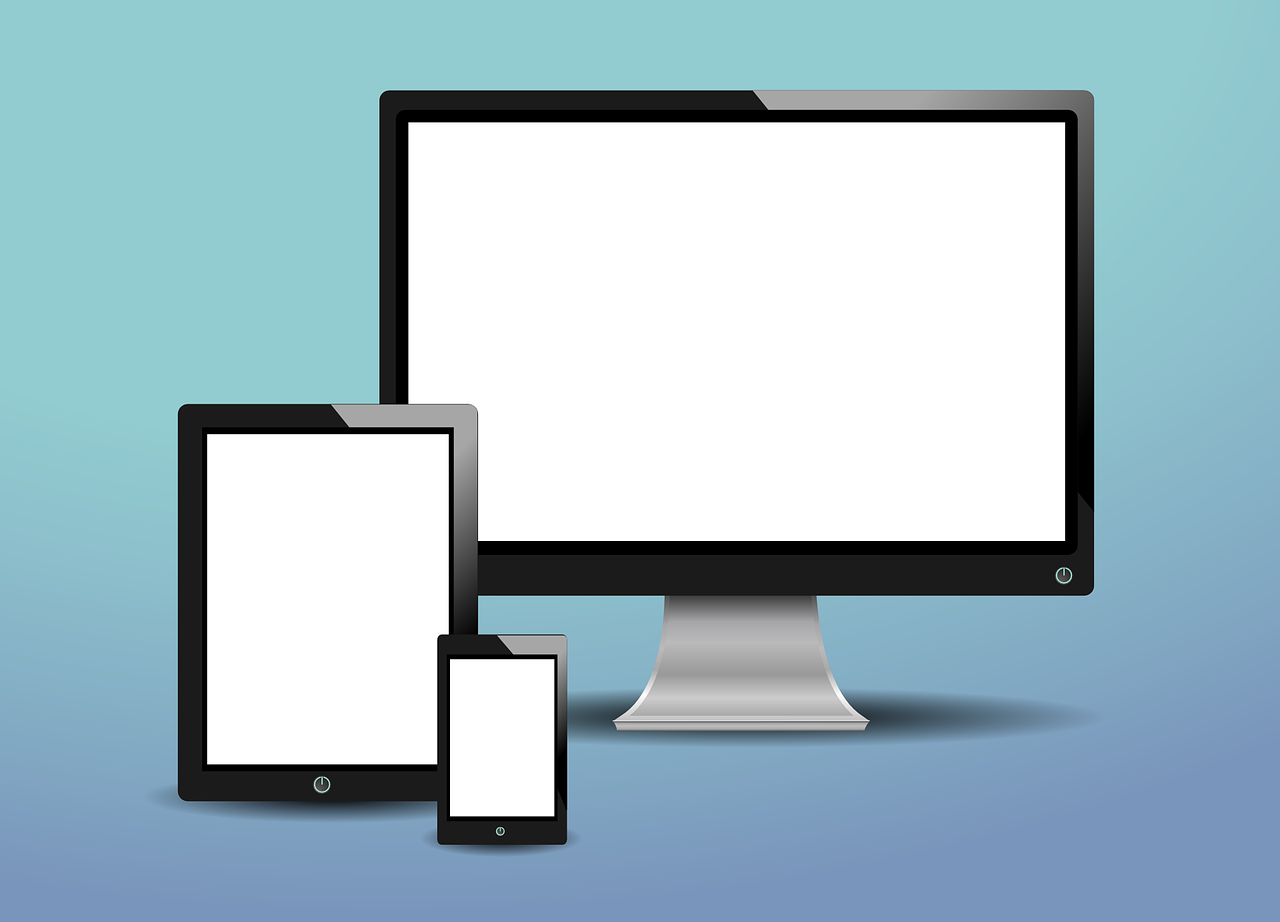 a monitor, tablet and phone sitting next to each other, computer art, istockphoto, blue background colour, plain white background, very detailed background