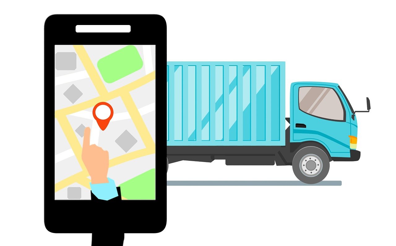 a blue truck driving down a street next to a cell phone, a digital rendering, pixabay, layout of map, vectorised, hardware, listing image