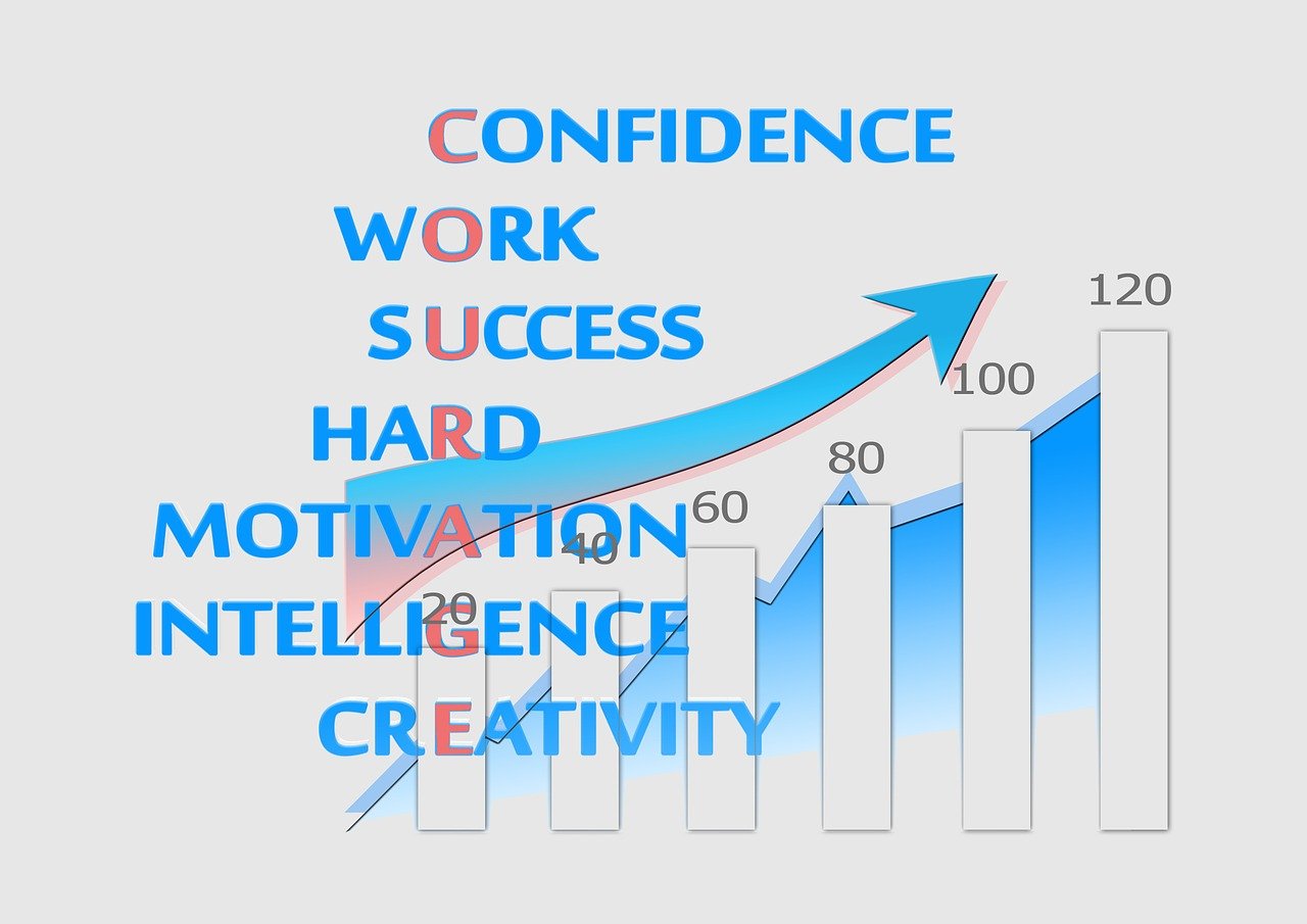 a graphic with the words confidence, work, success and hard motivation, a diagram, trending on pixabay, analytical art, dominant wihte and blue colours, stats, photo photo, profile image