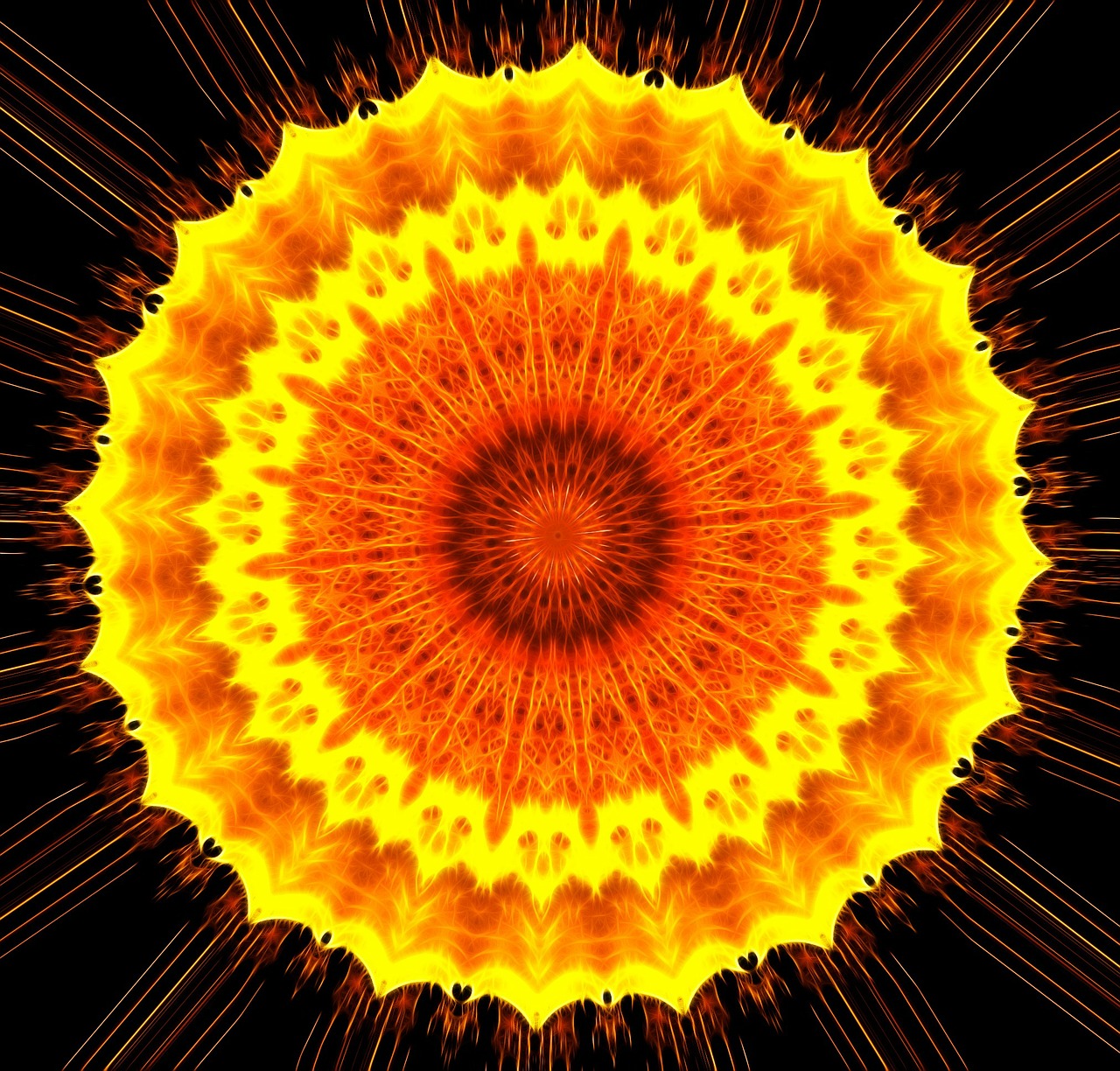 a close up of a fire flower on a black background, a digital rendering, inspired by Benoit B. Mandelbrot, flickr, nuclear art, bright yellow and red sun, mandala art, orange halo, orange backgorund