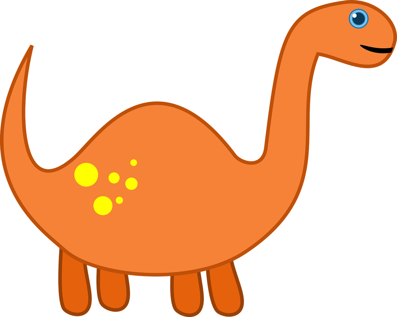 a cartoon dinosaur with spots on its body, a screenshot, inspired by Abidin Dino, pixabay, mingei, an orange, very long neck, cad, lowres