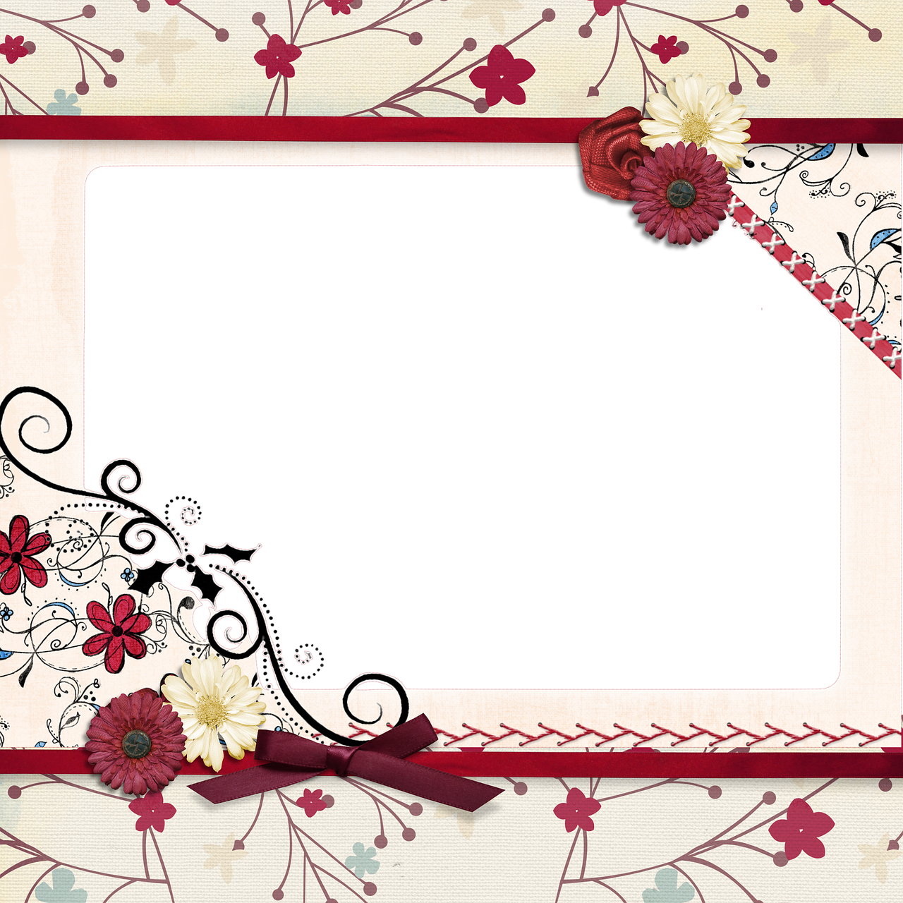 a picture frame with flowers and a ribbon, inspired by Cindy Wright, tumblr, red + black + dark blue + beige, detailed backgrounds, elegant asymmetrical, blackboard