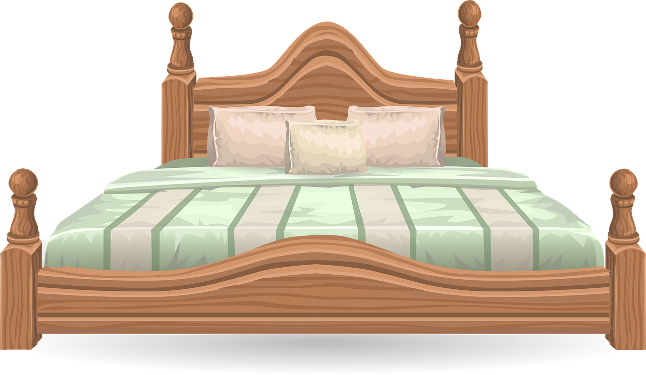 a bed with two pillows on top of it, an illustration of, pixabay, with detailed wood, polished, cartoon style, semi-transparent