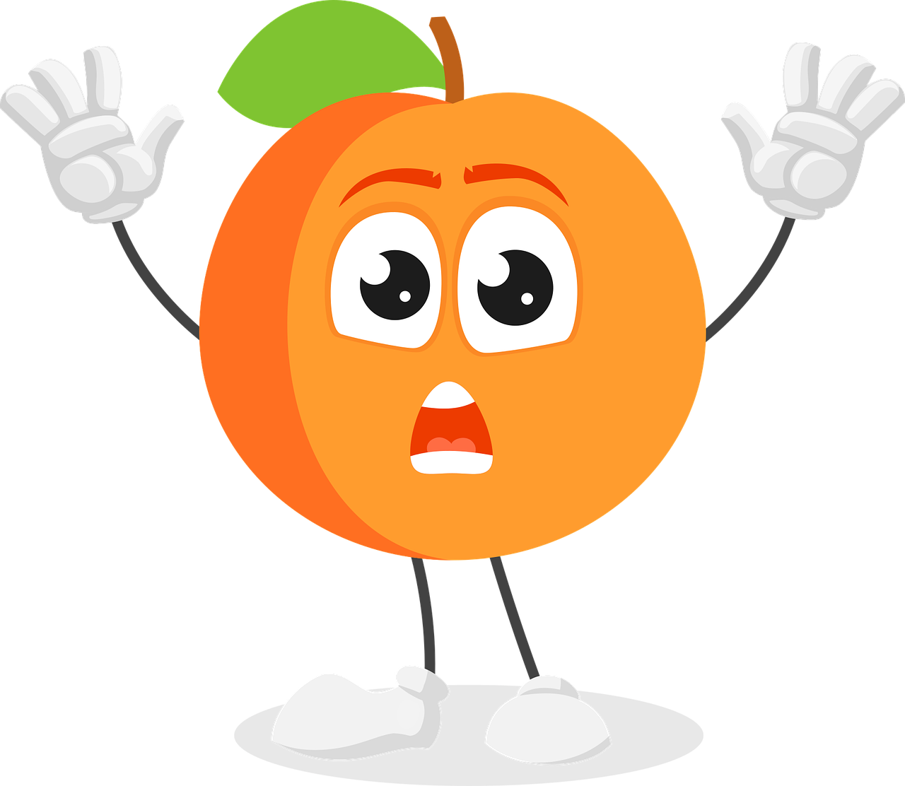 a cartoon orange with hands in the air, inspired by Heinz Anger, pixabay, digital art, peaches, dark!!!, mischievous look, screen cap