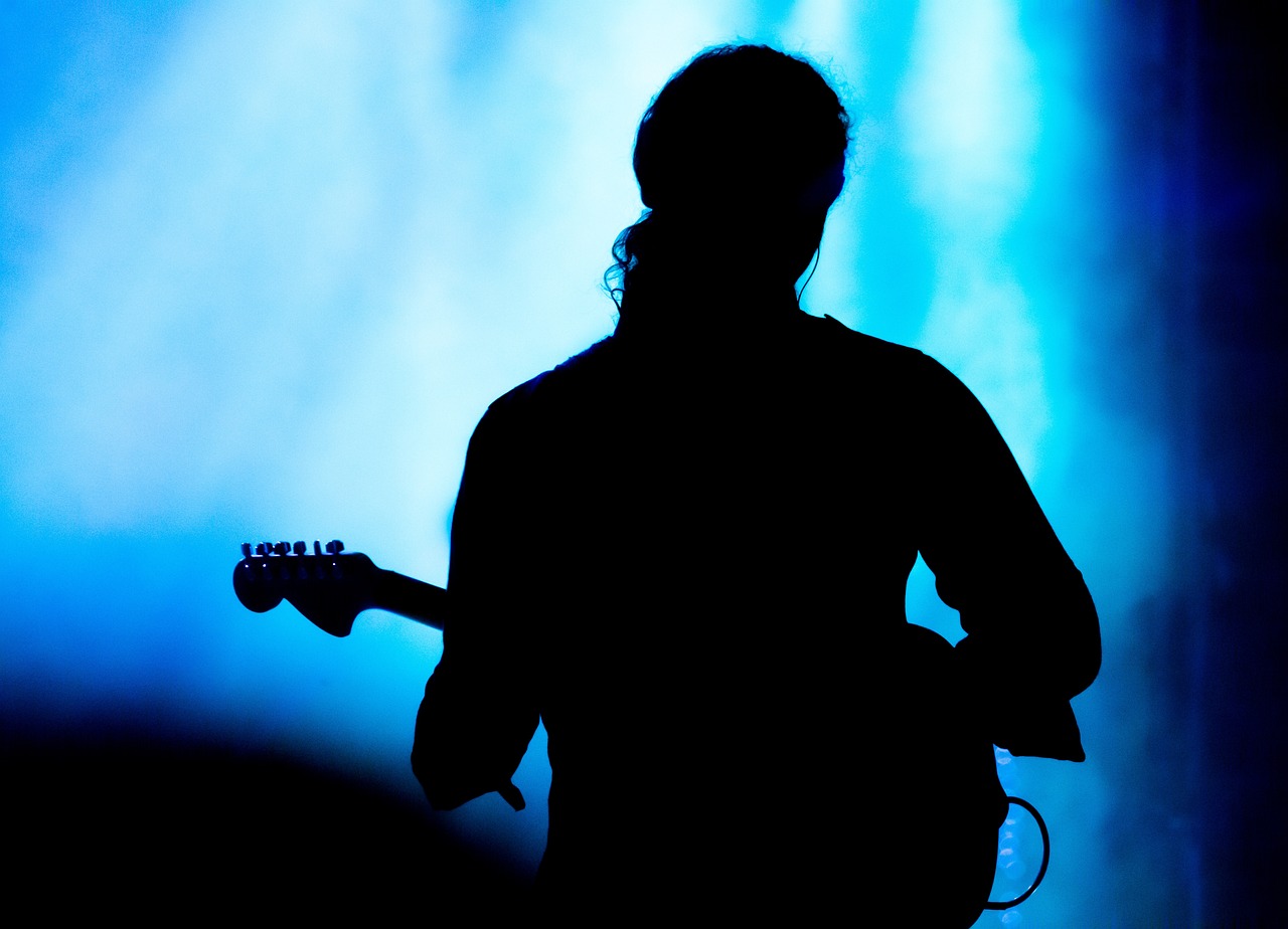 a silhouette of a person playing a guitar, by Matt Stewart, pixabay, blue backlight, with his back turned, stage photography, in 2 0 1 2