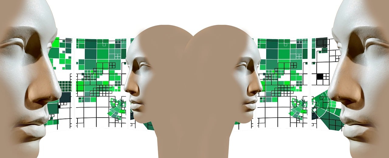 a couple of heads that are next to each other, a digital rendering, pixabay, ilustration, block head, biological photo, human computer