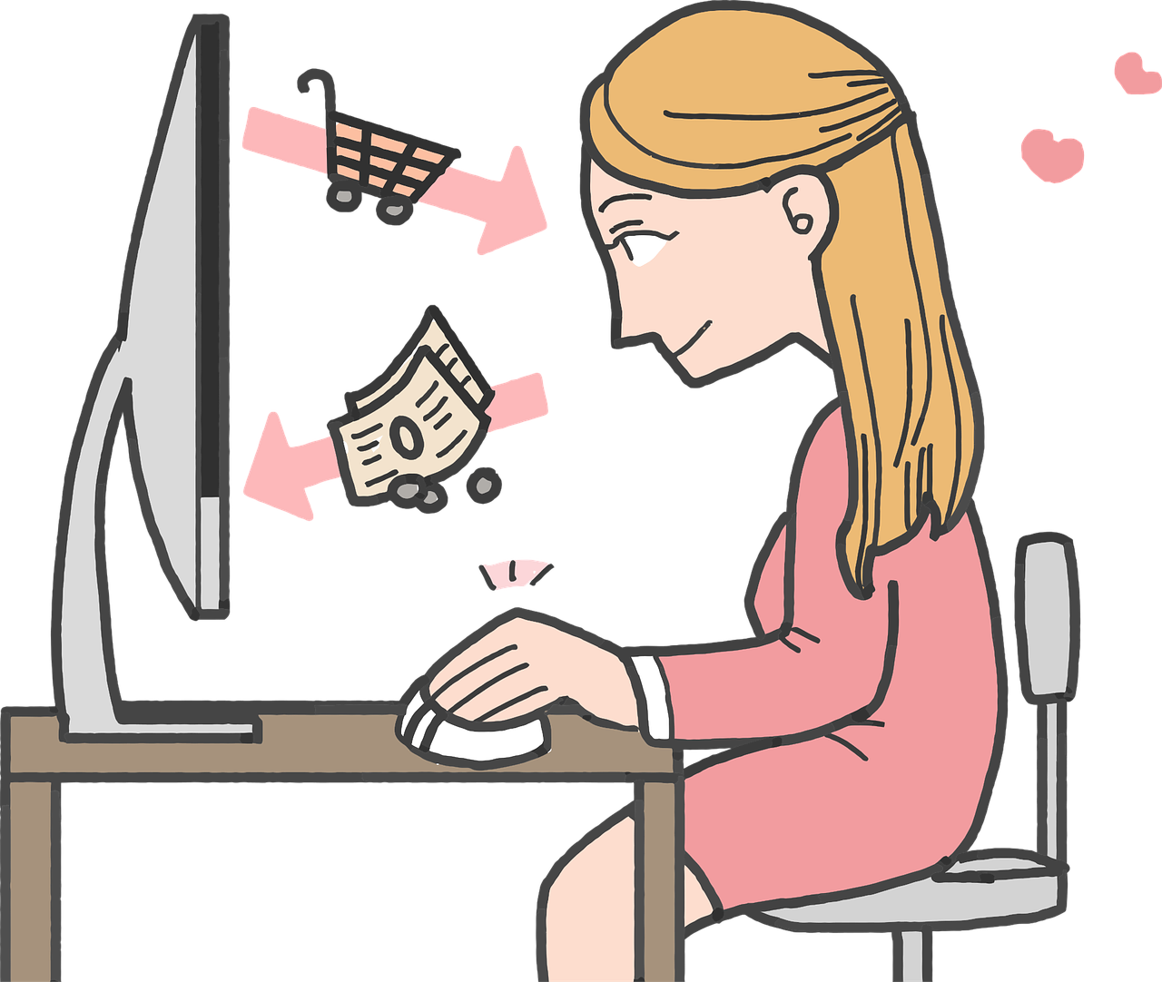 a woman sitting at a desk in front of a computer, a digital rendering, by Allen Jones, pixabay, romantic, cash, at checkout, ¯_(ツ)_/¯