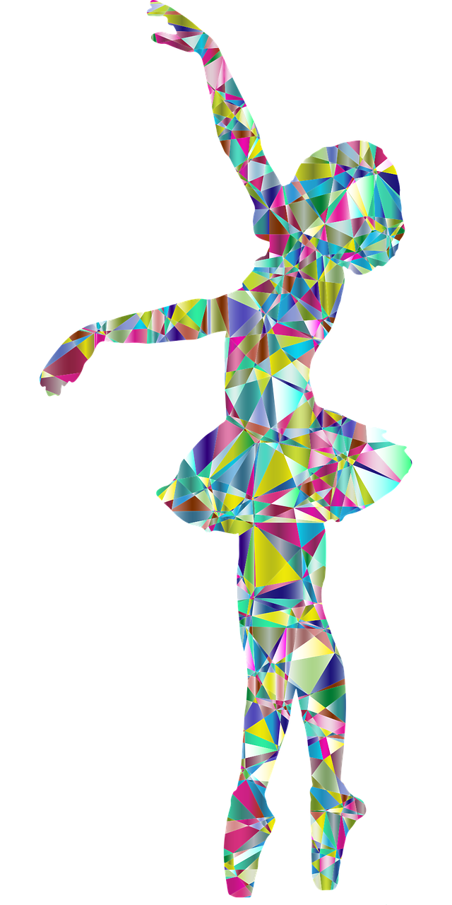 a silhouette of a ballerina on a black background, vector art, inspired by Jacques Villon, pixabay, crystal cubism, multicoloured, full body close-up shot, trending on pixart, colorful glass art