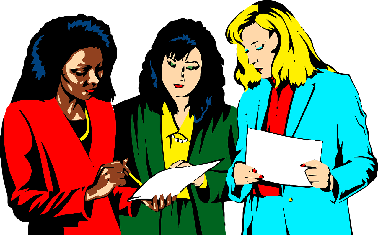 a couple of women standing next to each other, a cartoon, by Allen Jones, pexels, pop art, confidential documents, three women, dark people discussing, 80s color scheme