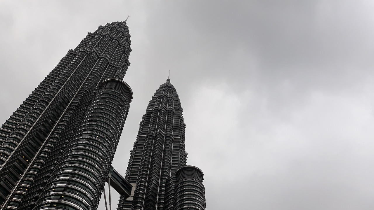 a couple of tall buildings sitting next to each other, by Bernardino Mei, pexels contest winner, hurufiyya, huge spines, grey, malaysian, 🦩🪐🐞👩🏻🦳