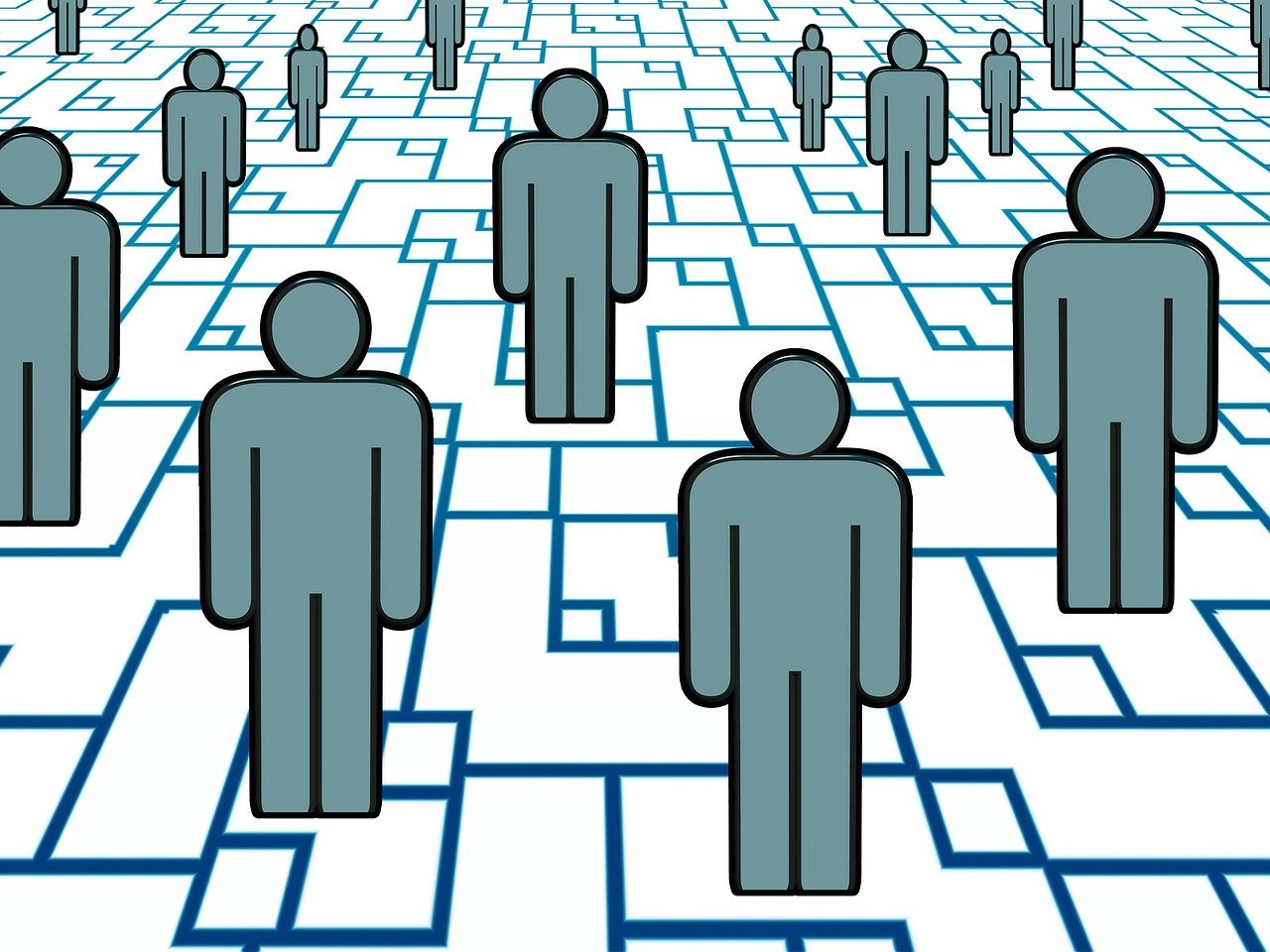 a group of people standing in a maze, digital art, pixabay, outlined silhouettes, linkedin, many legs, one man