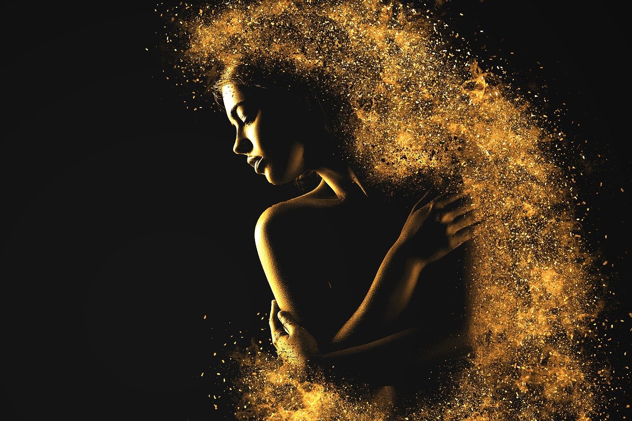 a woman covered in gold dust, pixabay, digital art, luminous body, half body photo, embracing, volumetric effect