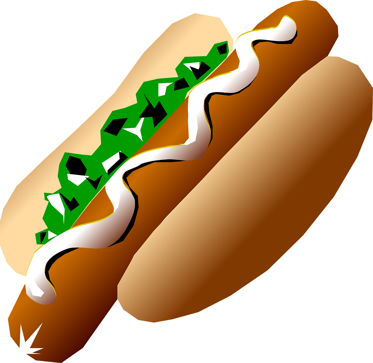 a close up of a hot dog on a bun, a digital rendering, by Hugh Hughes, pixabay, graffiti, clipart icon, a green, two, [ overhead view ]!!