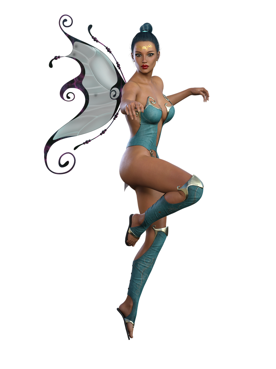 a woman dressed as a fairy flying through the air, inspired by Daphne Allen, zbrush central contest winner, evil standing smiling pose, kitana from mortal kombat, fbx, cyan corset