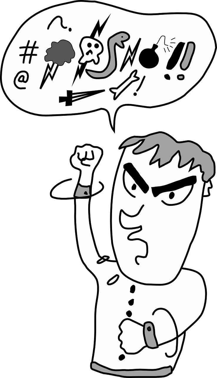 a black and white drawing of a man with a thought bubble above his head, a cartoon, inspired by Heinz Anger, pixabay, art brut, wielding a dagger, arguing, mouth wired shut, indistinct man with his hand up