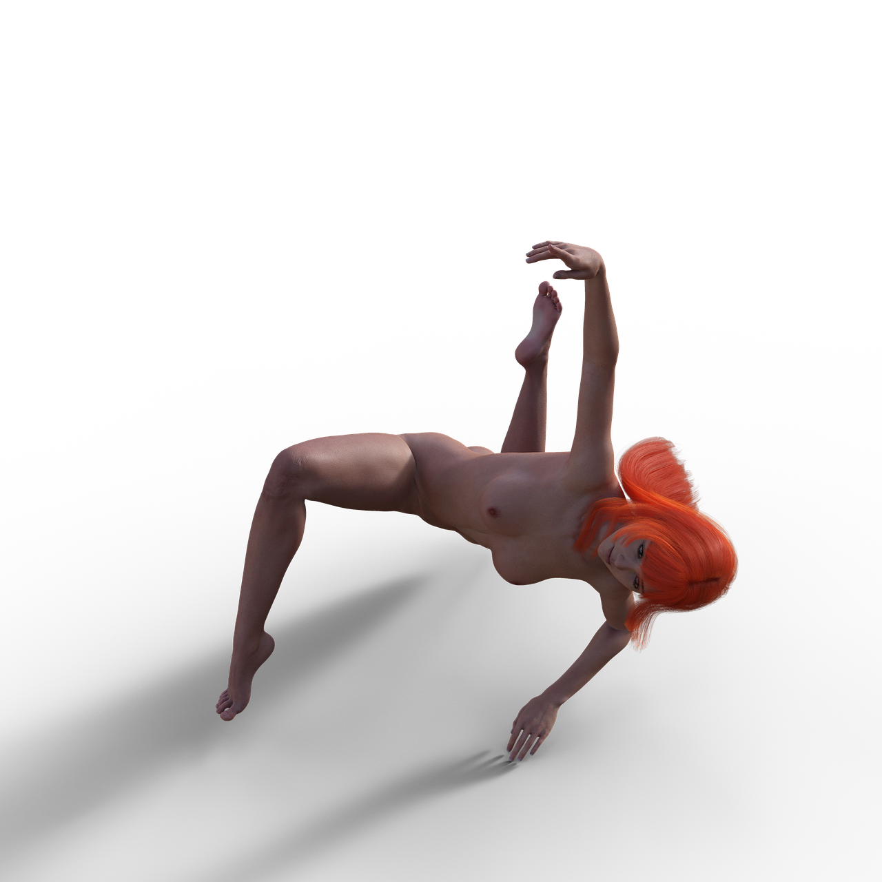 a woman with red hair doing a trick on a skateboard, inspired by Leonor Fini, digital art, 3 d render of a full female body, on a black background, hanging upside down, low quality 3d model