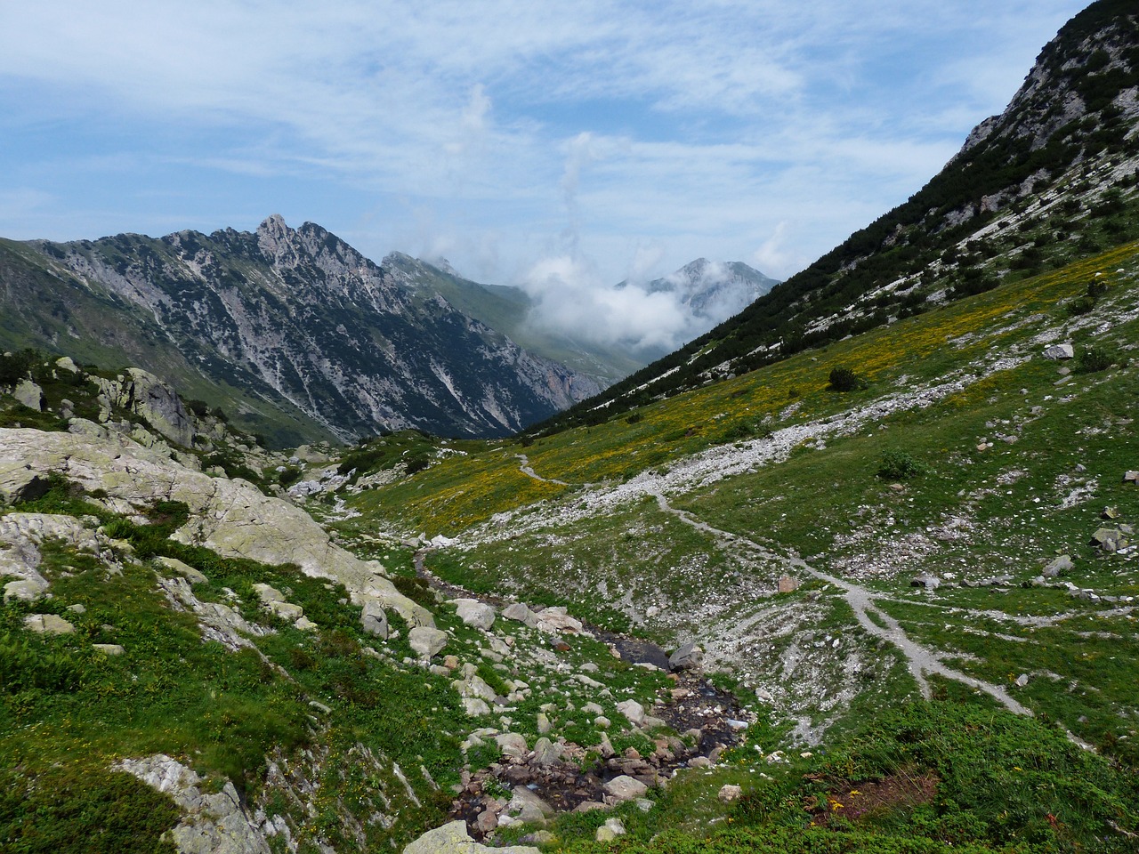 a small stream running through a lush green valley, a picture, pixabay, les nabis, mount olympus, upon the clouds, hiking in rocky mountain, garis edelweiss