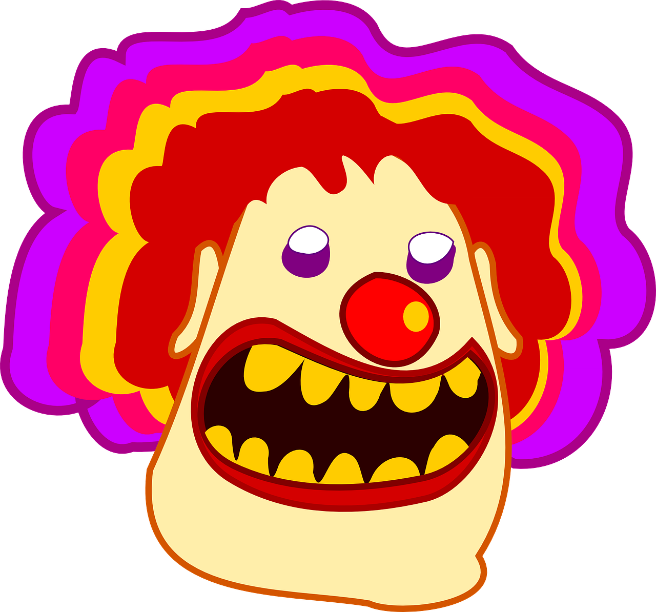 a cartoon clown with a big smile on his face, an illustration of, lowbrow, very scary photo, some red and purple and yellow, extreme illustration