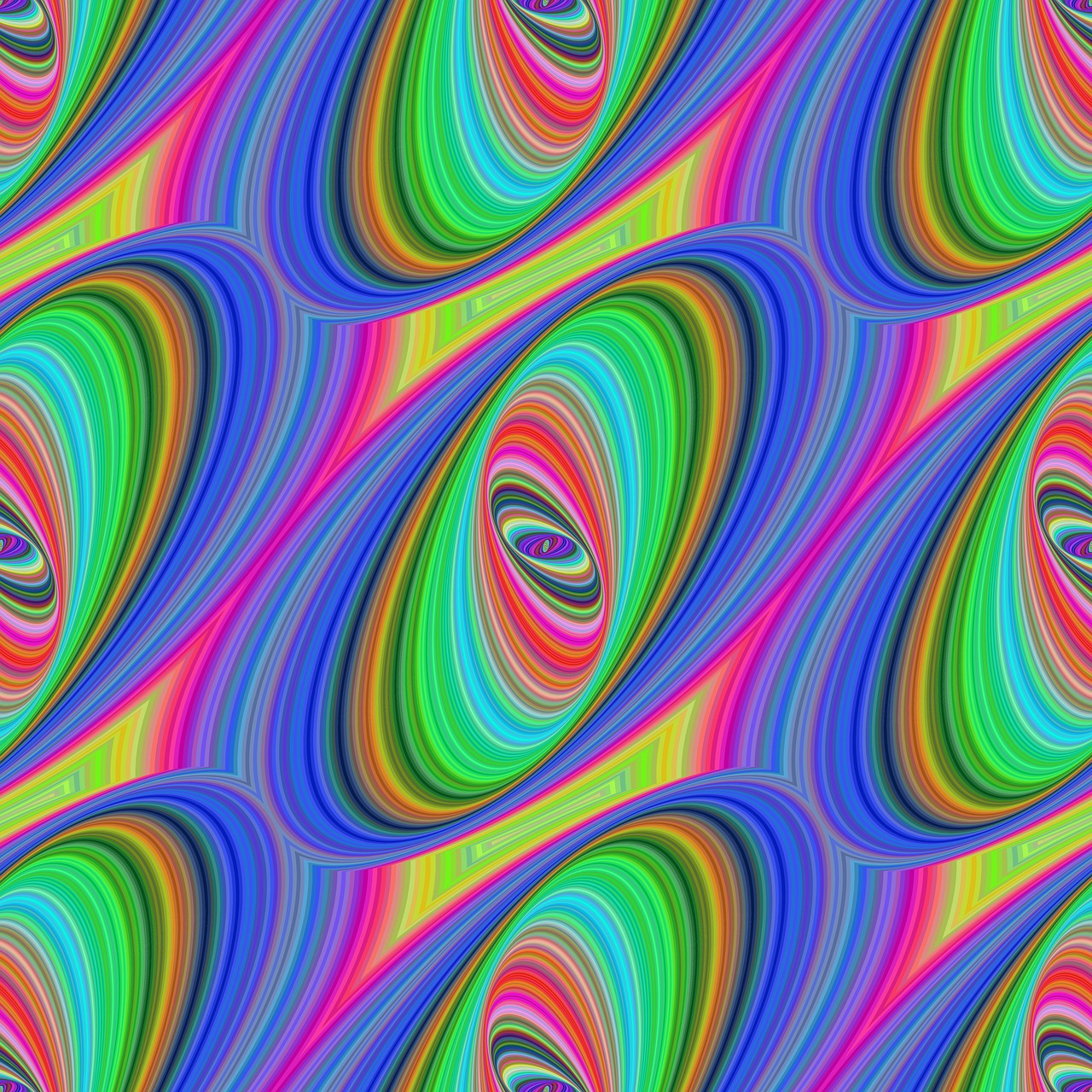 an image of a psychedelic pattern, inspired by Bridget Riley, trending on pixabay, generative art, repeating pattern. seamless, vivid neon colors, fibonacci flow, very elongated lines