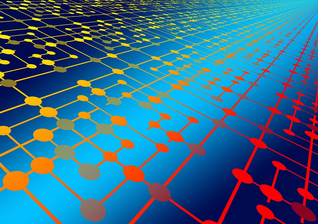 a computer screen with many dots on it, a digital rendering, by Scott M. Fischer, pixabay, digital art, carpet, background yellow and blue, red grid, graphene
