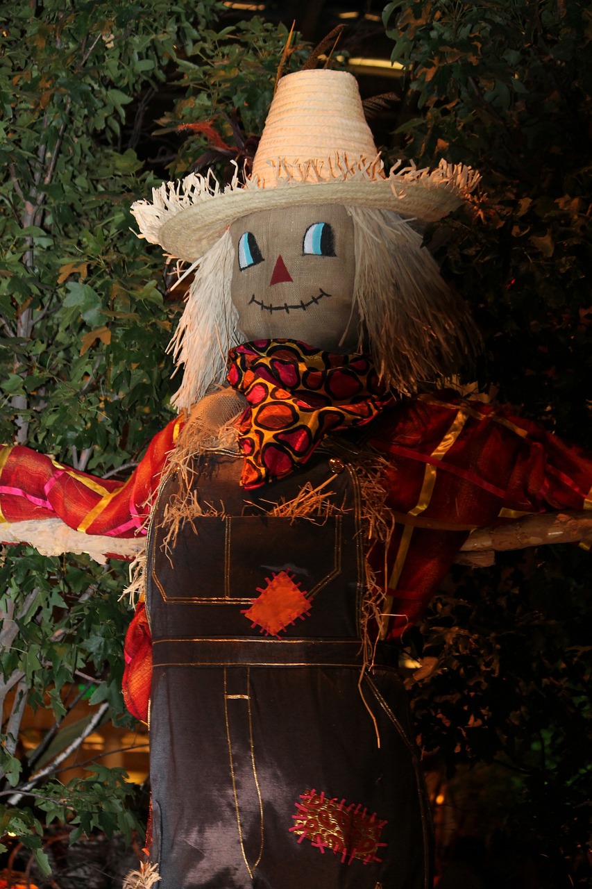 a scare with a straw hat and scarf, by Heather Hudson, pixabay, folk art, halloween decorations, a 15 foot tall, nighttime!, upper body close - up