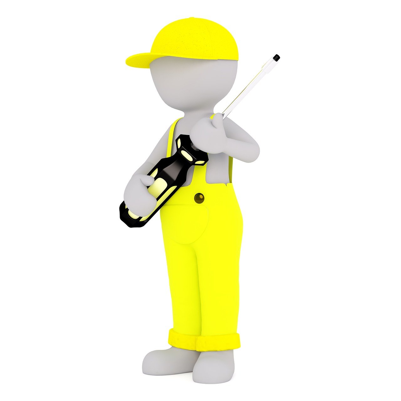 a 3d image of a construction worker holding a tool, a digital rendering, digital art, yellow clothes, the music guy, high res photo, stick figure