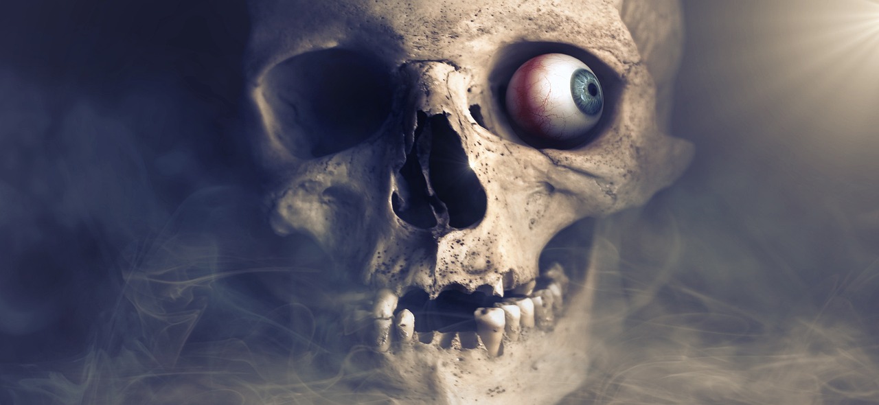 a close up of a skull with a red eye, by Aleksander Gierymski, flickr, conceptual art, gritty realistic smoke, photo - manipulation, avatar image, 1990s horror book cover