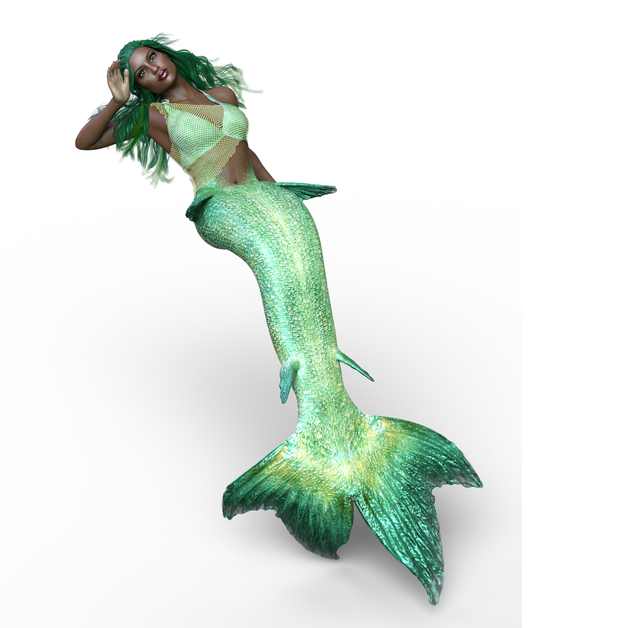 an artistic mermaid in motion holding her head