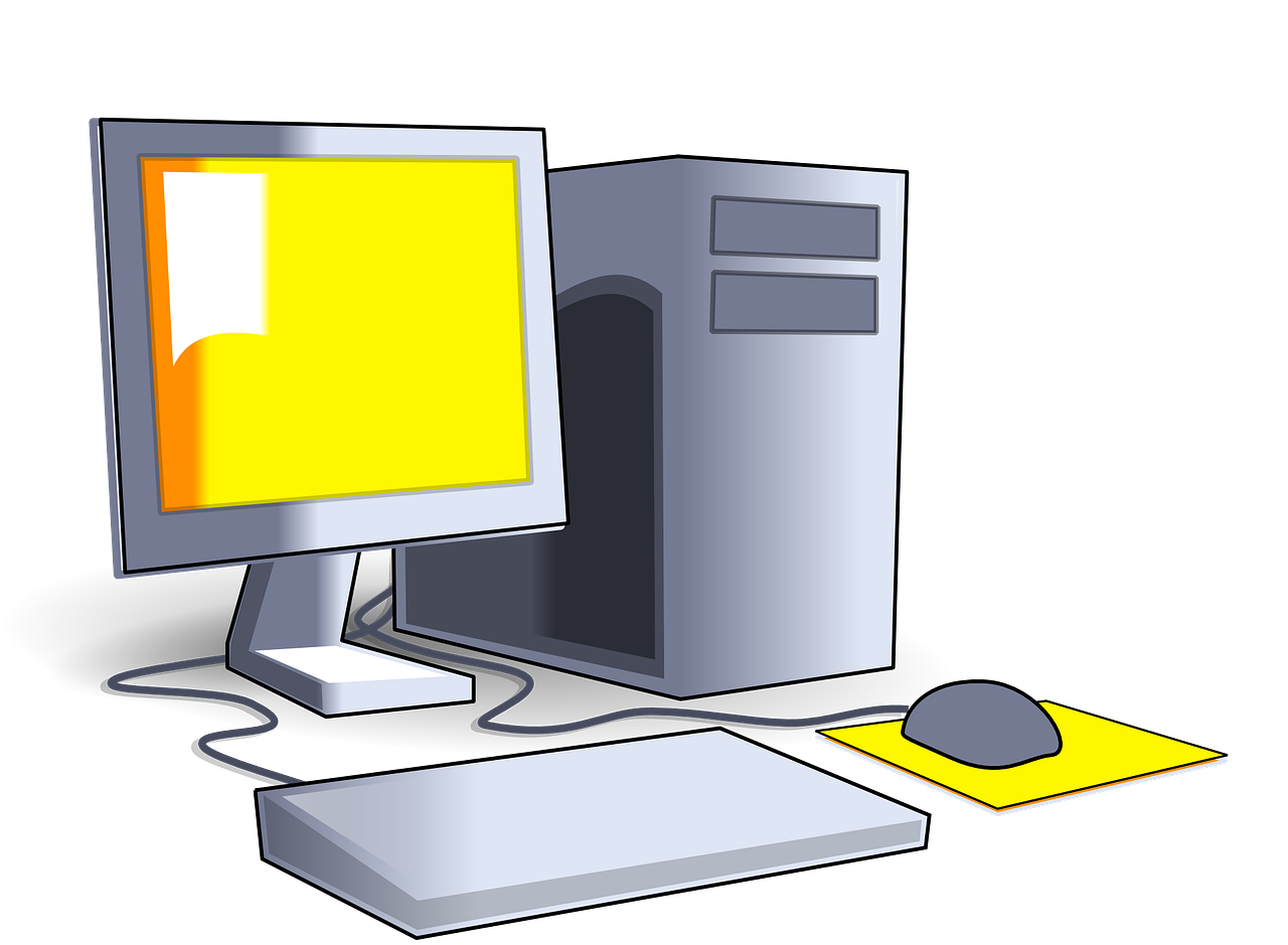 a cartoon picture of a computer monitor, keyboard, mouse and binder