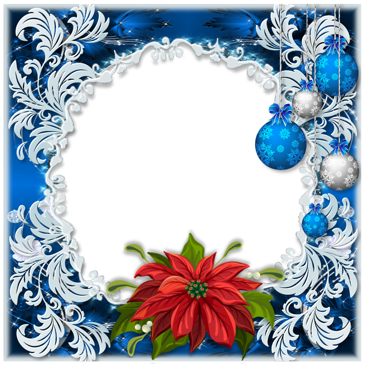 a christmas greeting with a poinsettie and two baubles