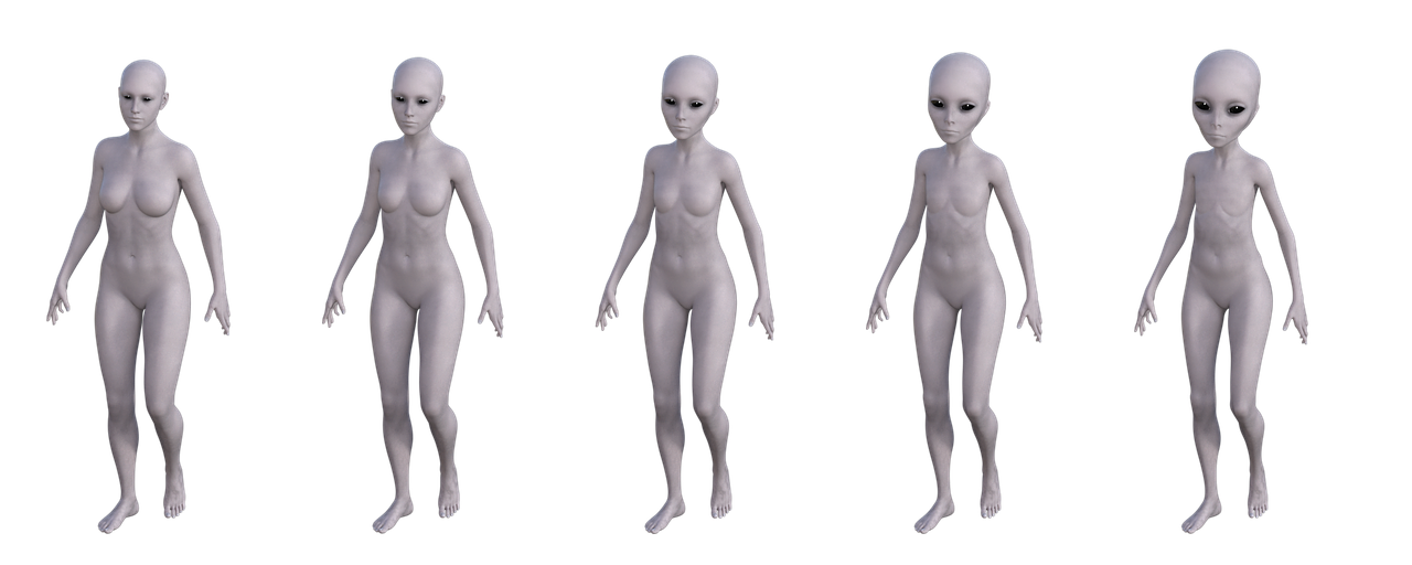 four alien - like bodies standing in a row