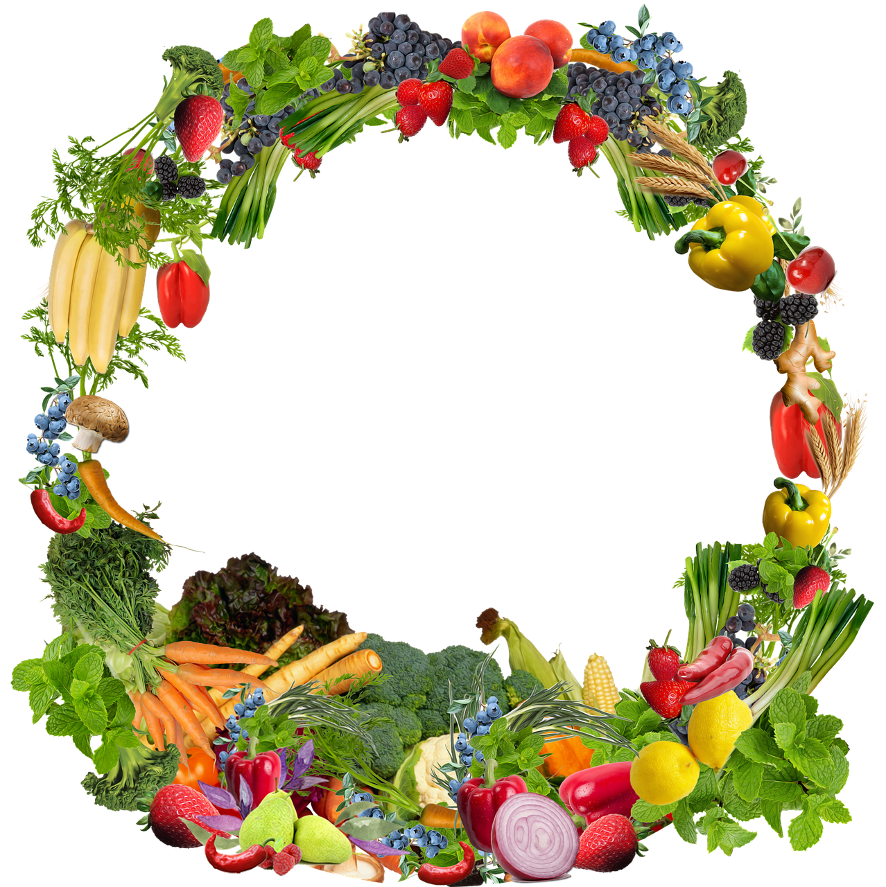 a colorful circular design of fruit and vegetables