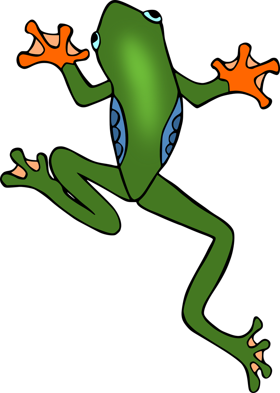 a frog with orange feet jumping through the air