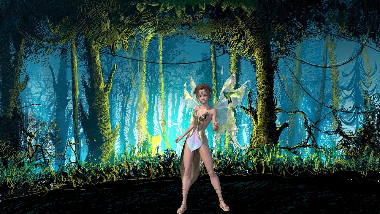a digital painting of a woman in a forest