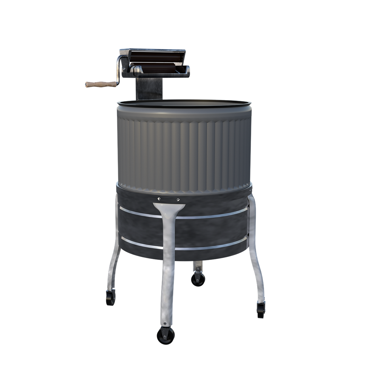 a large, grey barrel with no handles on a white cart