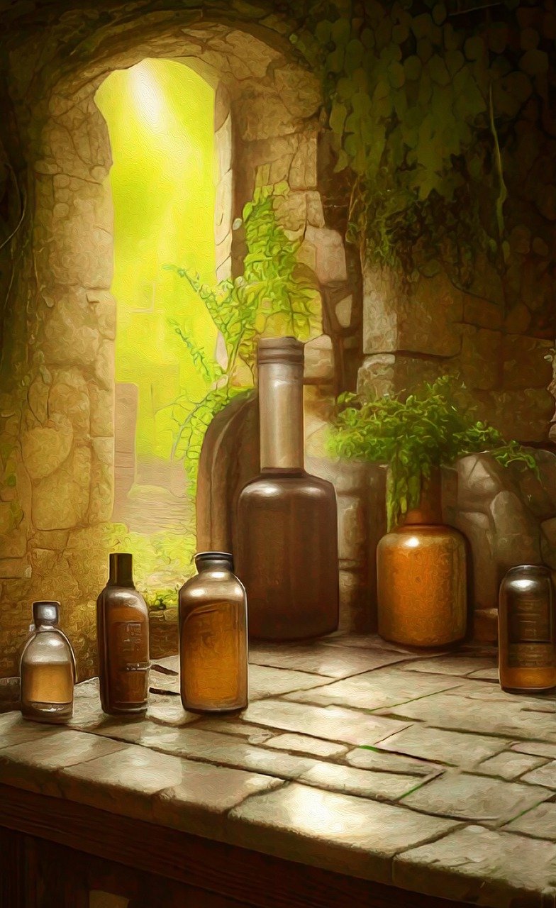 a painting of old bottles and jars in front of a stone archway