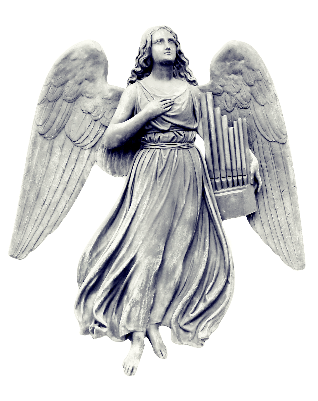 angel with organ and wings, standing behind a column
