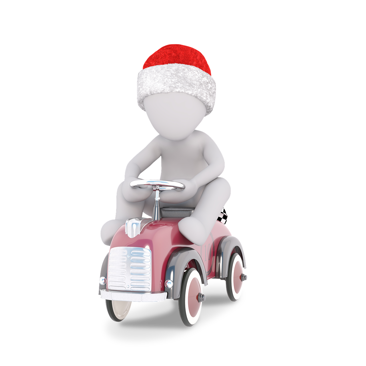 the figure is on a toy car with a santa hat