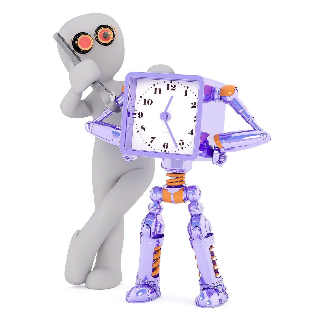 a small robot holds up a purple clock