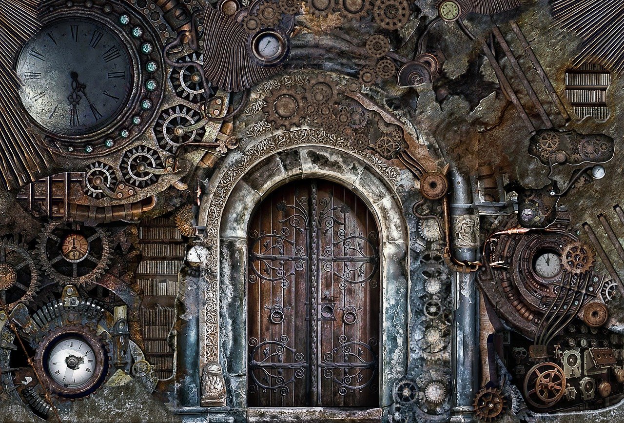 an abstract scene of a clock and door to another world