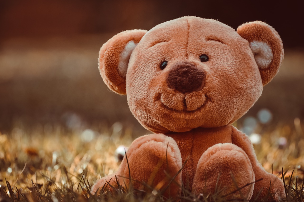 a teddy bear sitting in the grass and staring into the distance