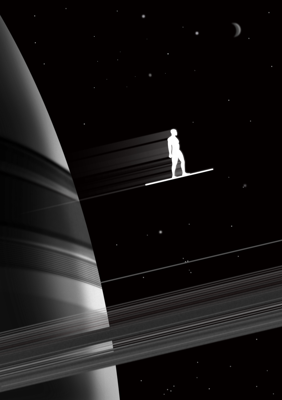 an alien walking near a saturn planet in space